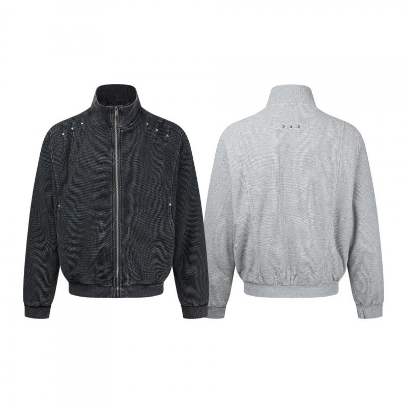 Unisex Chunky Knit Zip Bomber Jacket with Stand-up Collar, Stud Detail and Zip Pockets Chichicherry