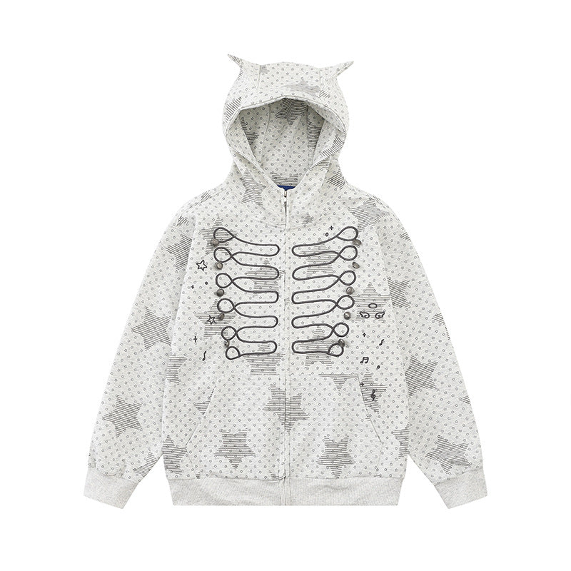 Women's Hoodie Sweat Jacket with 3D Ear Appliqués, Full Zip and Playful Military Illustration Print Chichicherry