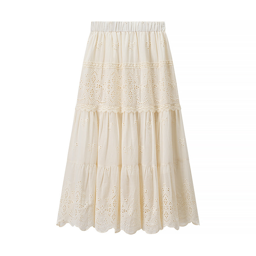 Women's Boho Maxi Dress with Embroidery, Lace Trim, Elastic Waist and Shirt Collar Chichicherry