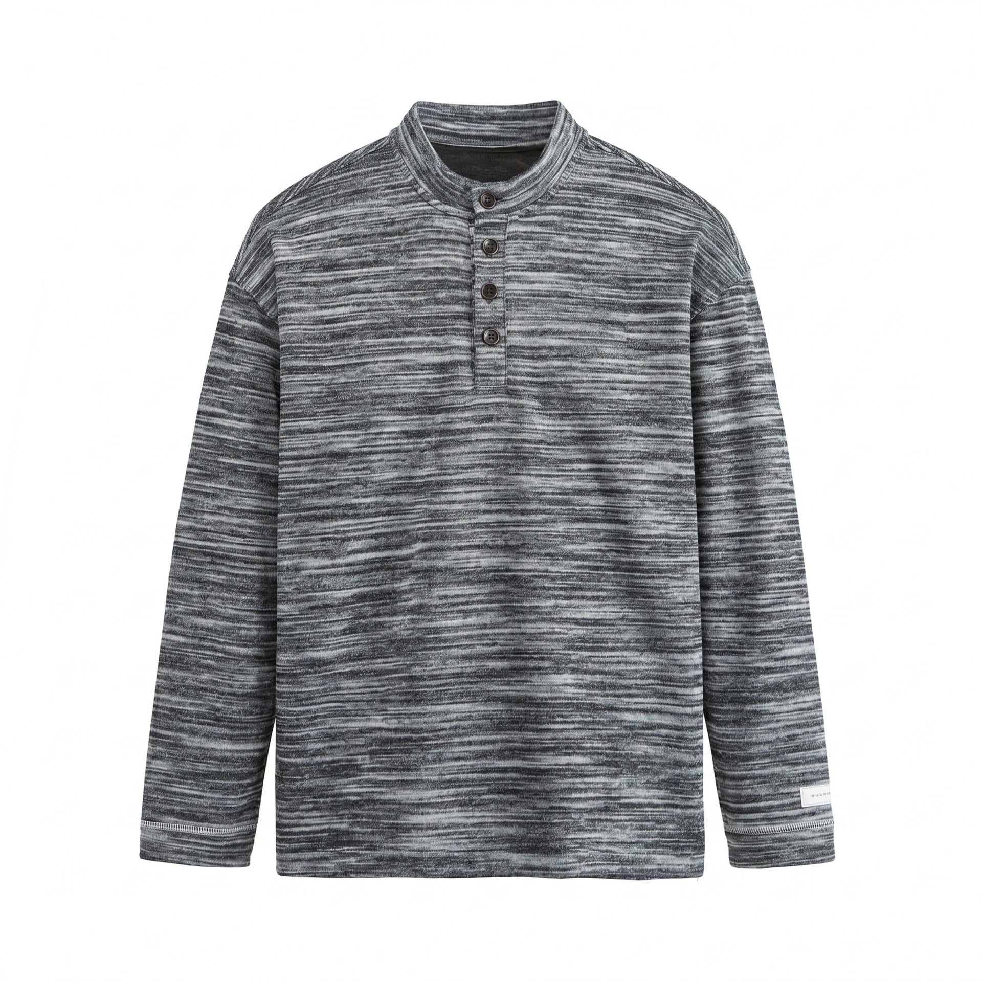 Men's Structured Henley Knit Sweater with Stand-Up Collar and Mélange Texture Chichicherry
