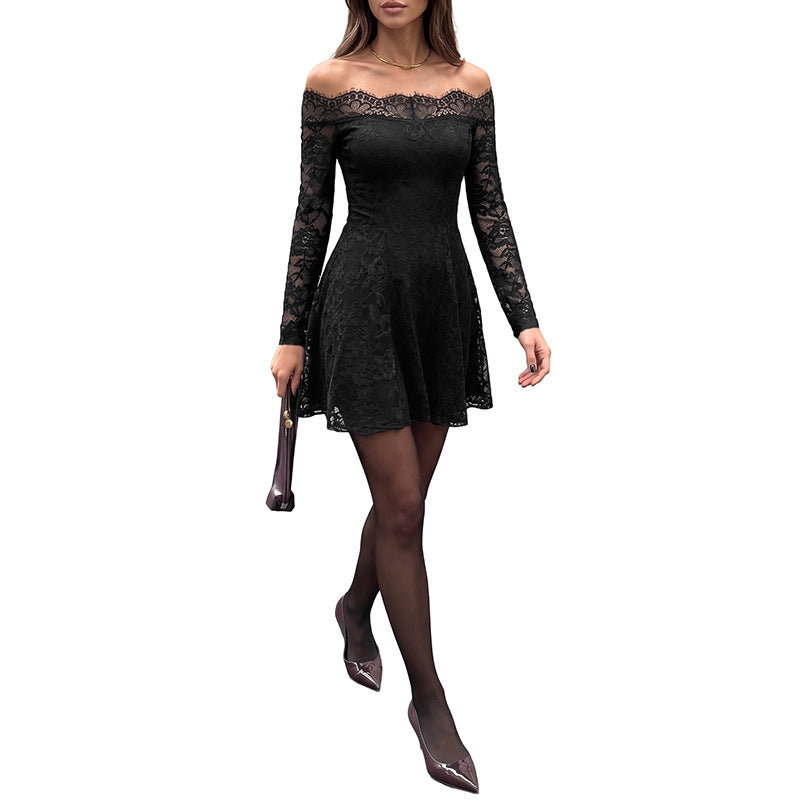 Women's Figure-friendly Lace A-line Minidress with Off-the-shoulder Neckline and Transparent Sleeves Chichicherry