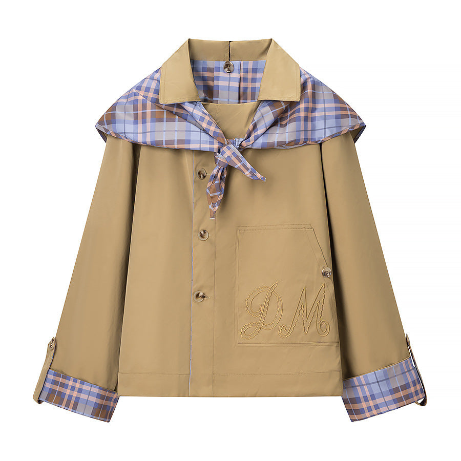 Women's short jacket in trench-cape mix with checked shawl collar bow Chichicherry