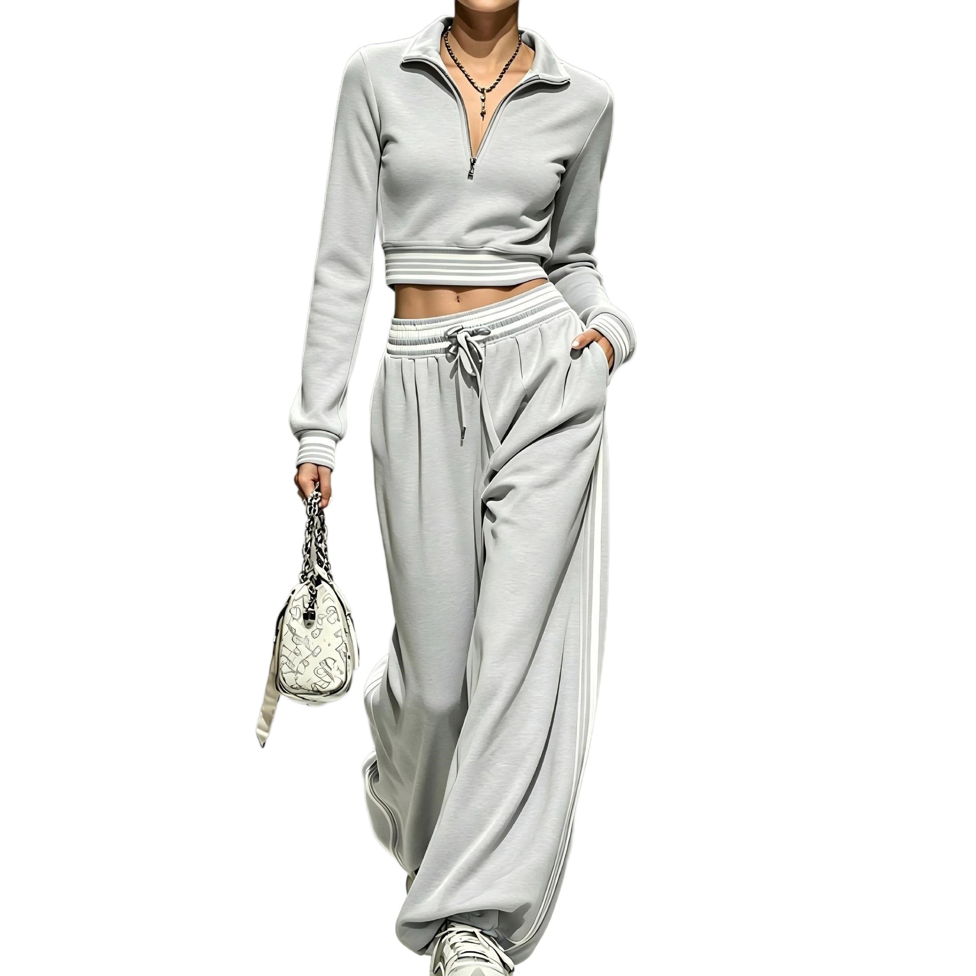 Damen Cropped-Trainingsset mit halbem Reißverschlusskragen und weitem Bundfalten-Jogger Chichicherry