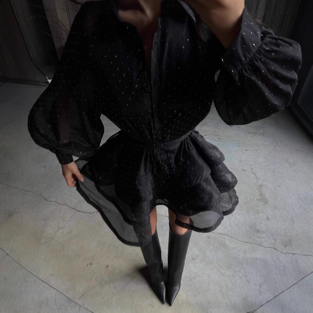 Women Transparent Ruffle Mini Dress with Shirt Collar, Balloon Sleeves and Waist Belt Chichicherry