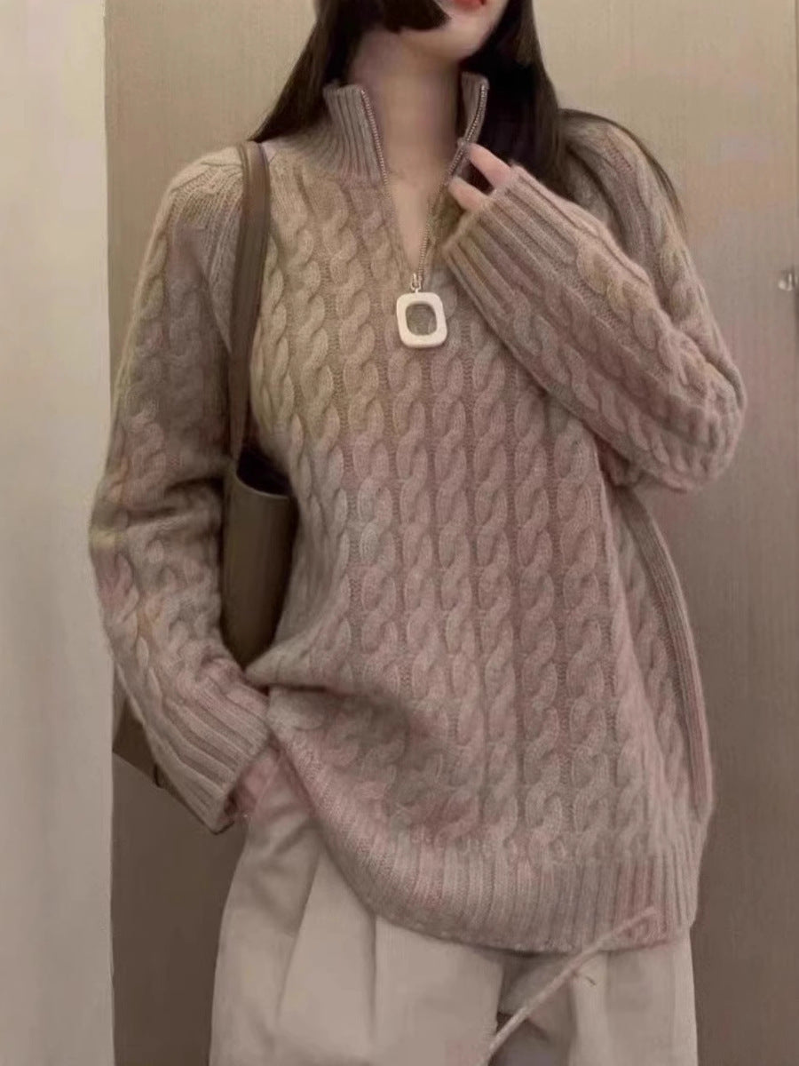 Ladies Oversize Cable Pattern Fine Knit Sweater with Half Zipper and Stand-Up Collar Chichicherry