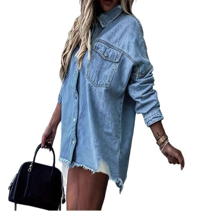 Women's Oversize Denim Shirt Jacket with Fringe Hem, Chest Pockets and Destroyed Detail Chichicherry
