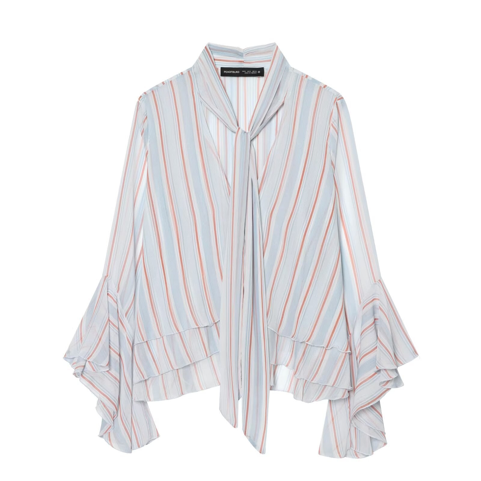 Women Striped Pullover Blouse with Tie and Ruffle Sleeves Chichicherry