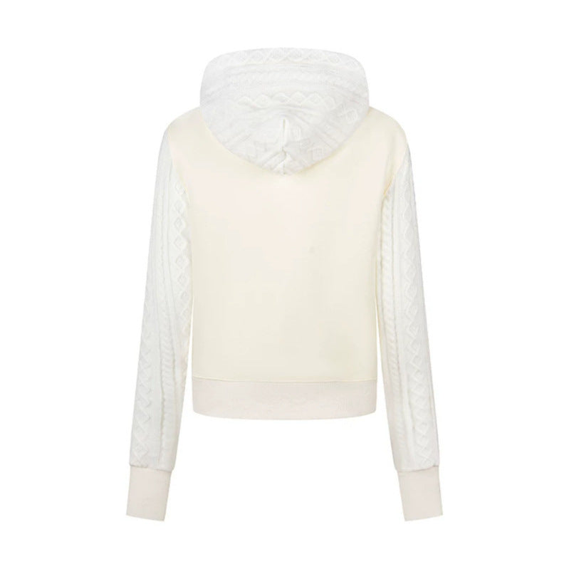 Women's short-cut hooded jacket with textured knit panels, drawstring, and metal zipper Chichicherry