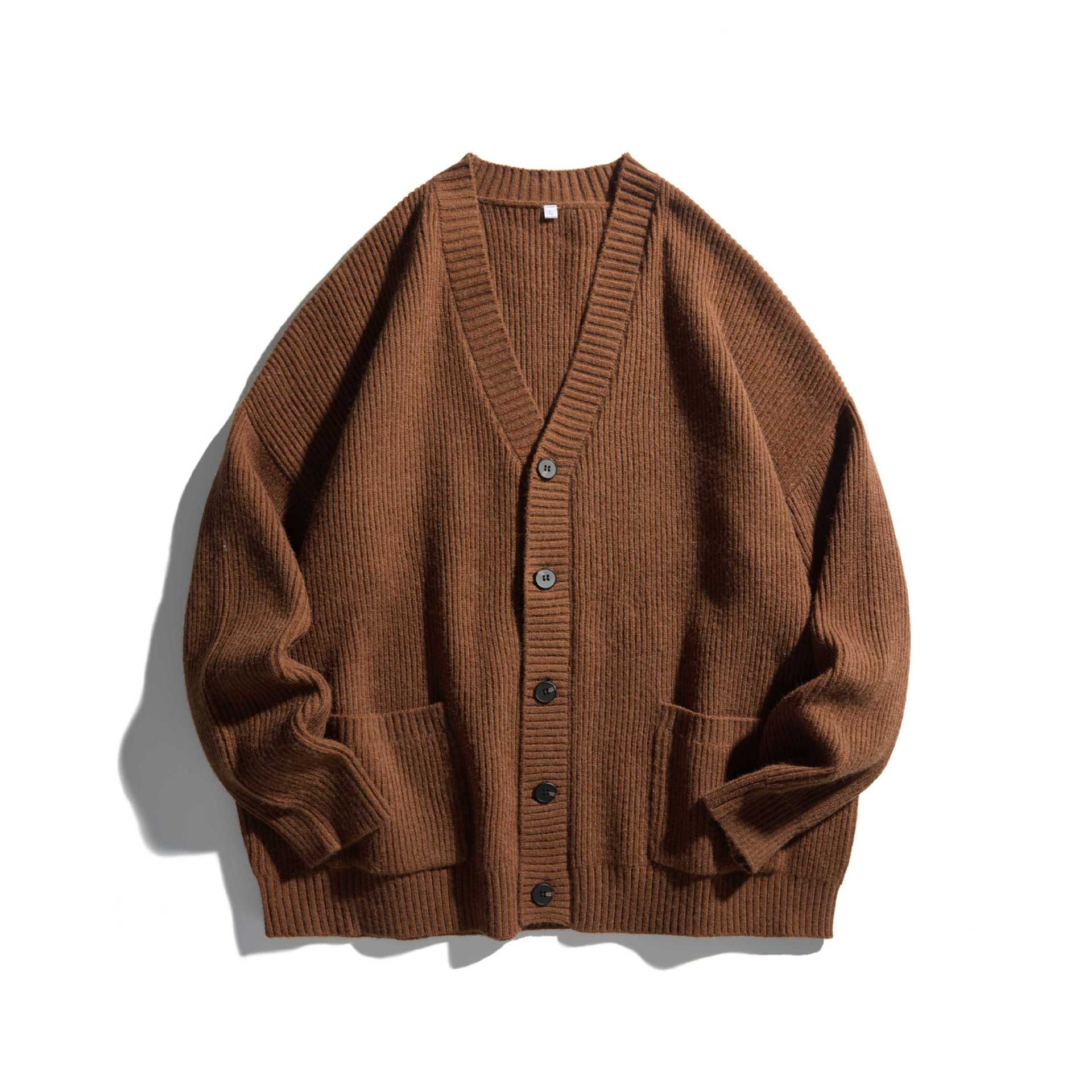 Women's Oversized Ribbed Knit Cardigan with V-Neck and Patch Pockets Chichicherry