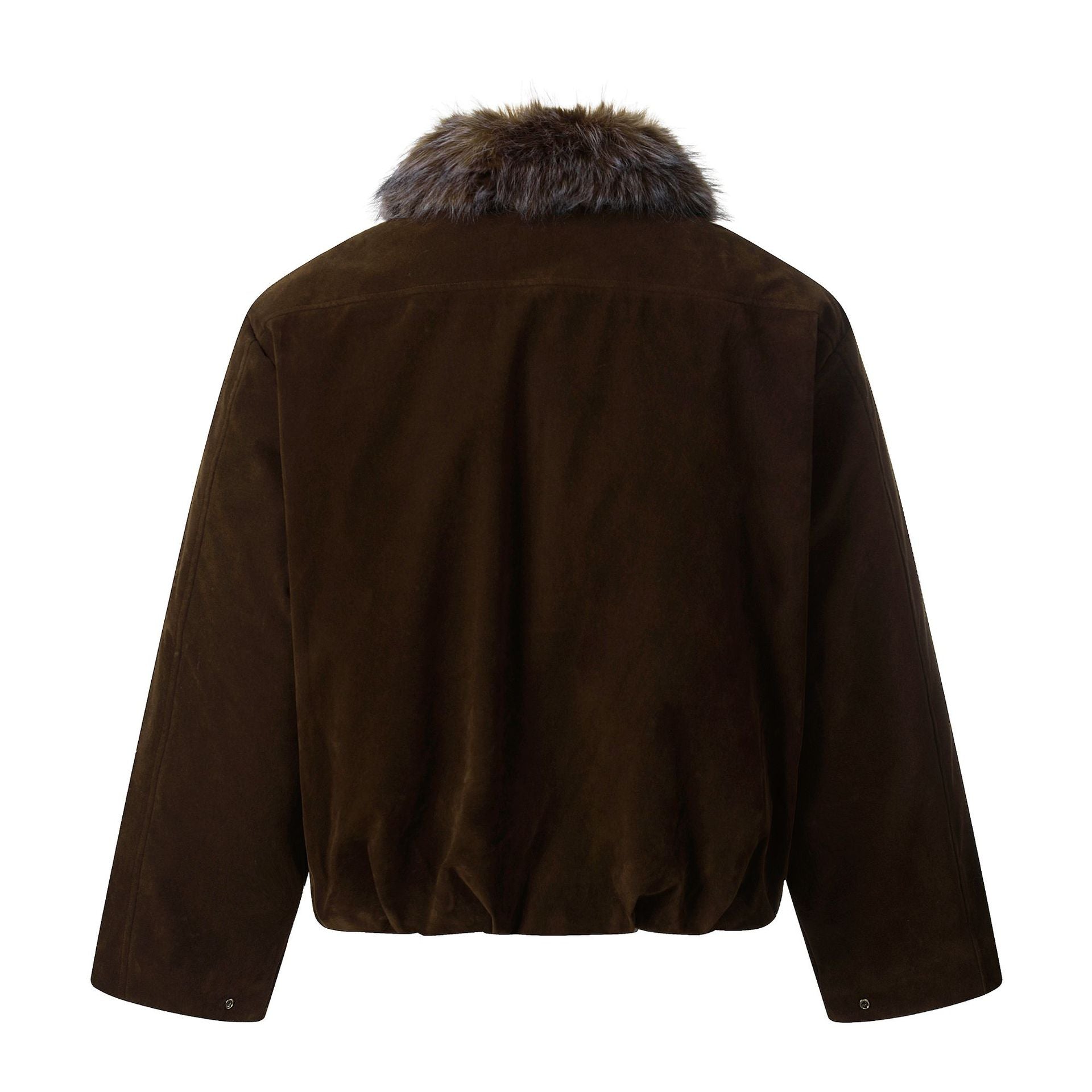 Men's Suede Bomber Jacket with Detachable Faux Fur Collar and Drawstring Chichicherry