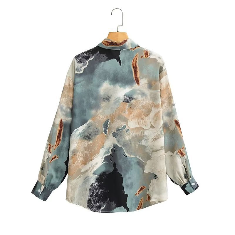 Women's silk look shirt blouse with abstract print and oversized cut Chichicherry