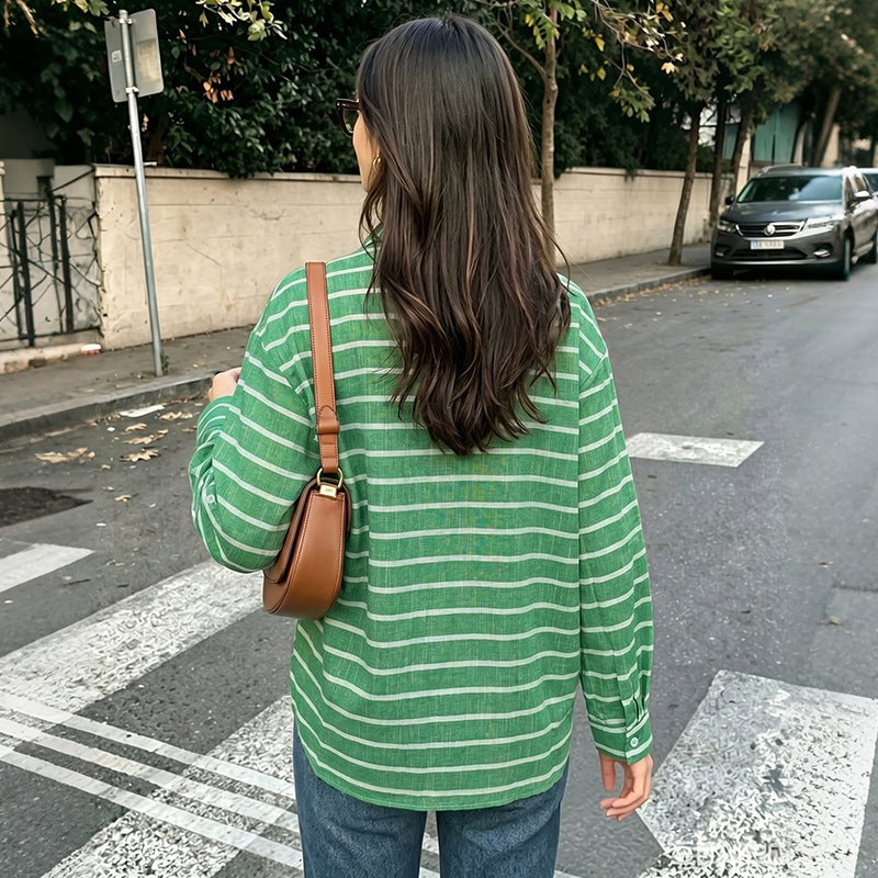 Women's Casual Linen Look Shirt Blouse with Stripes, Oversized Fit and Chest Pocket Chichicherry