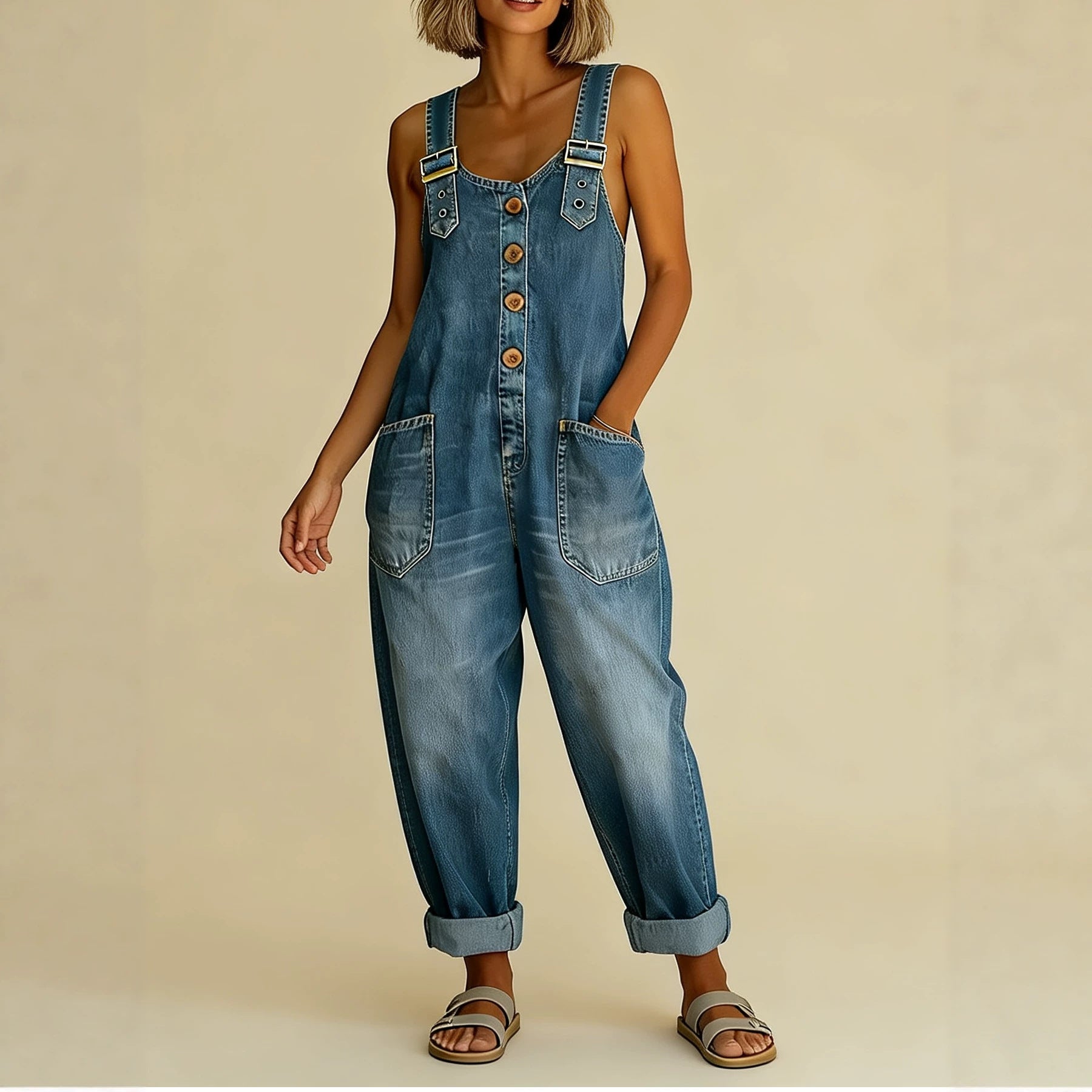 Damen Weite Denim-Latzhose mit Knopfleiste, verstellbaren Trägern und aufgesetzten Taschen Chichicherry
