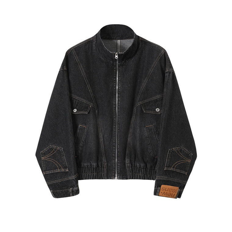 Damen Oversized Jeansjacke mit Stehkragen, Reißverschluss und elastischem Saum Chichicherry