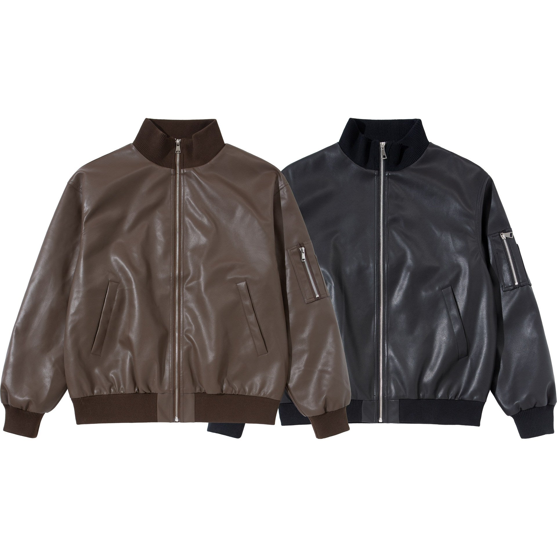 Men's faux leather bomber jacket in boxy cut with high ribbed collar and sleeve utility pocket Chichicherry