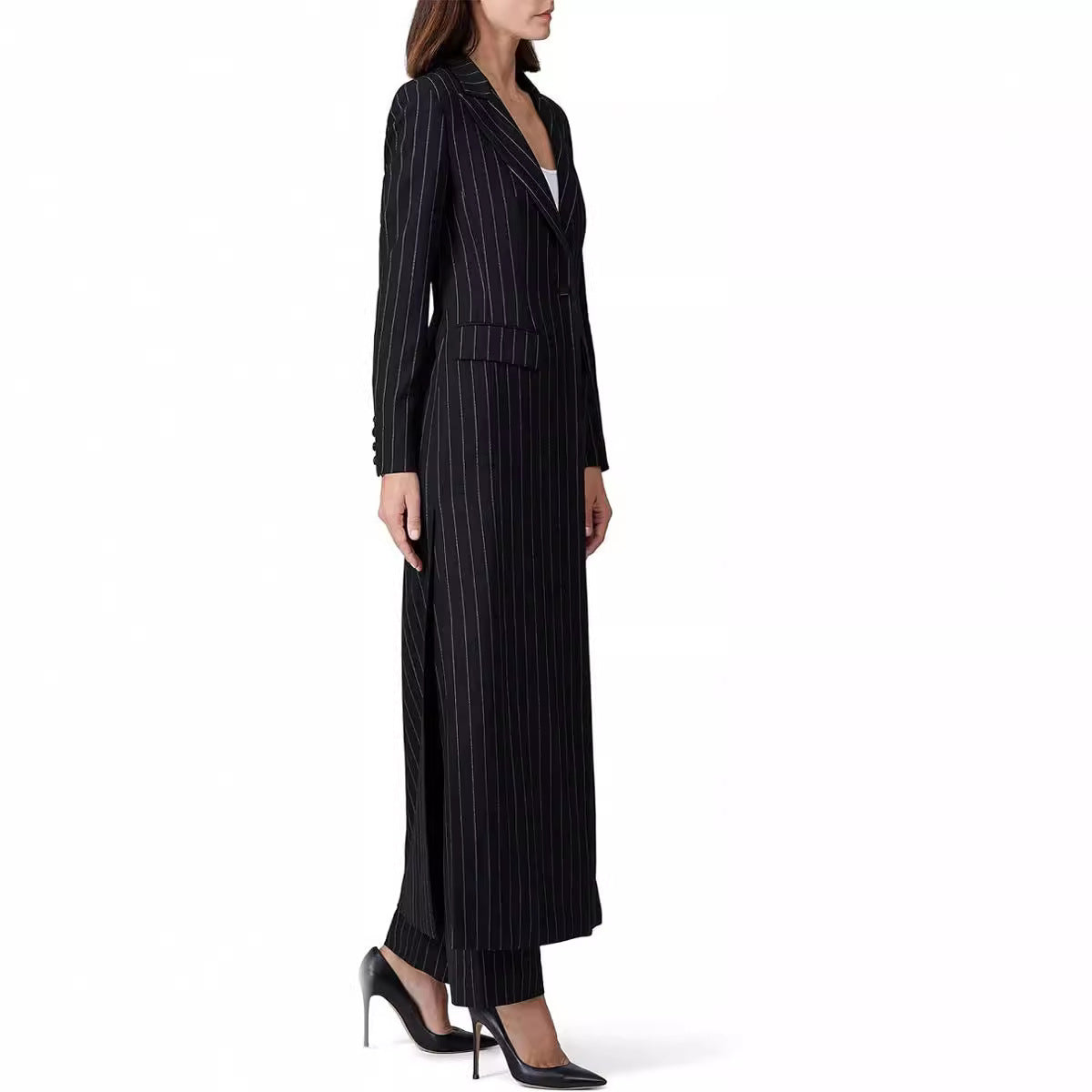 Women's Longline Blazer Coat with Pinstripes, Tailored Silhouette and Flap Pockets Chichicherry
