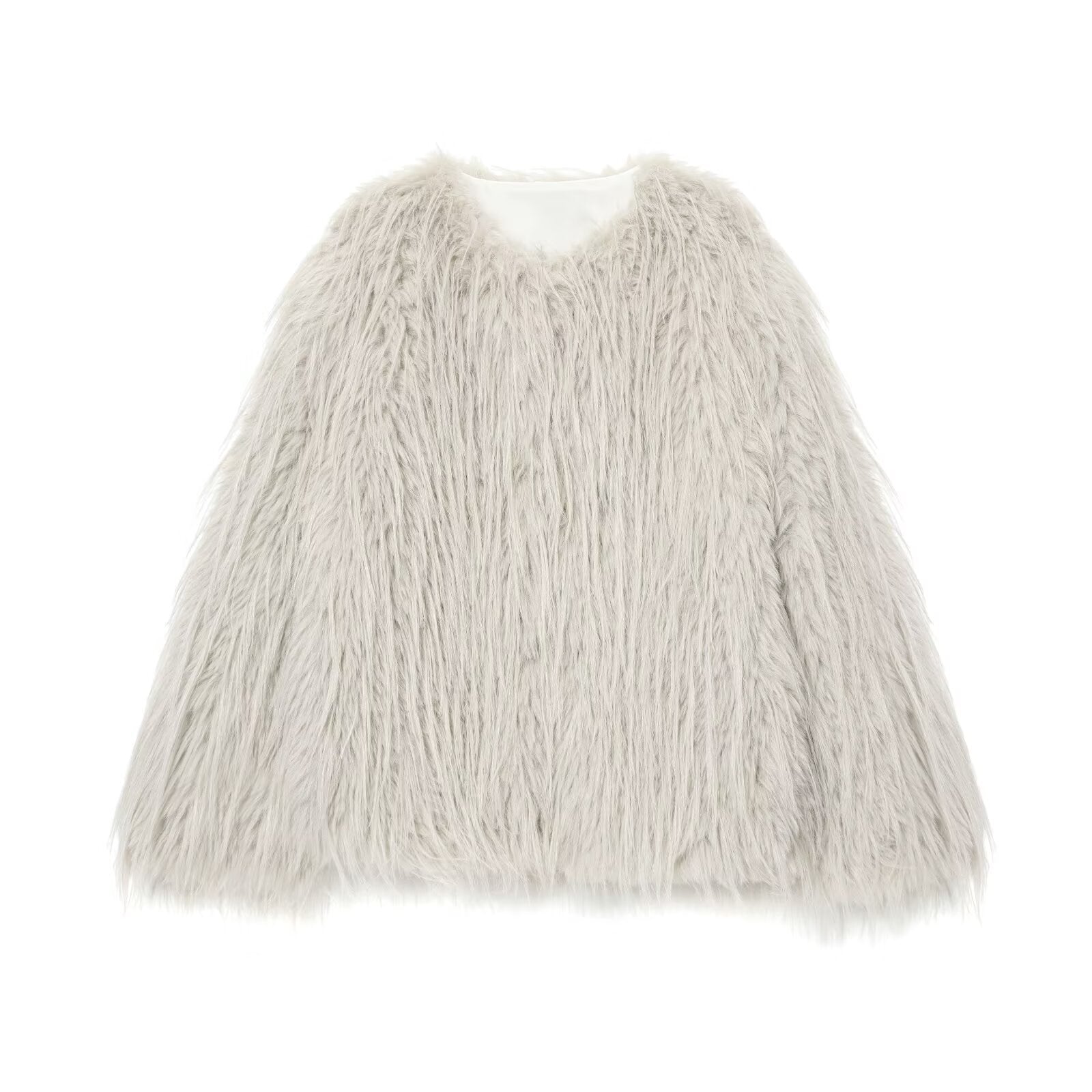 Women's Faux Fur Coat with Long Shaggy Fur and Round Neckline Chichicherry