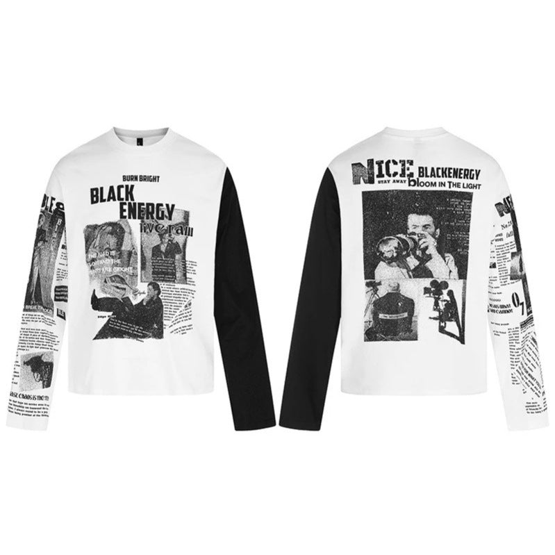 Men's Long Sleeve Shirt with Asymmetrical Contrast Sleeves and Photo Collage Print Chichicherry