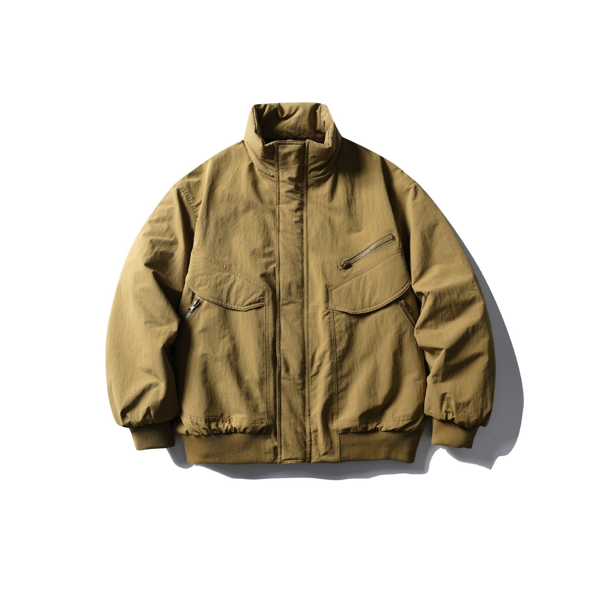 Men's Boxy Utility Bomber Jacket with High Stand-Up Collar, Concealed Front Placket and Zip Chest Pocket Chichicherry