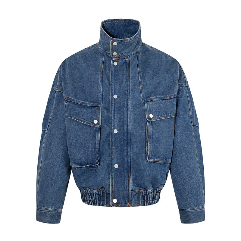 Women's Oversized Denim Jacket with Stand-up Collar, Press Stud Placket and Patch Cargo Pockets Chichicherry