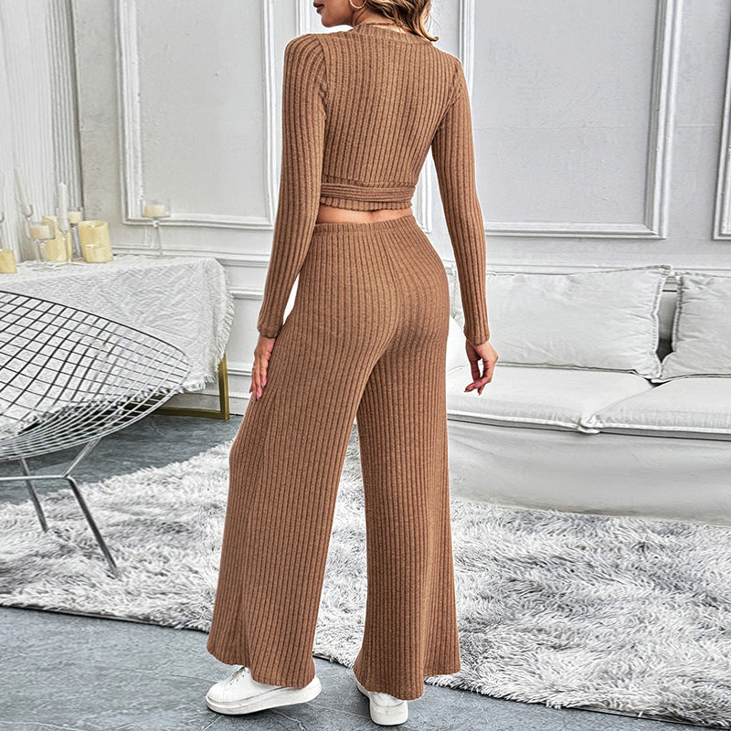 Women Knitted Two-Piece Set with Wrap Cropped Cardigan and High-Waisted Wide Ribbed Trousers Chichicherry