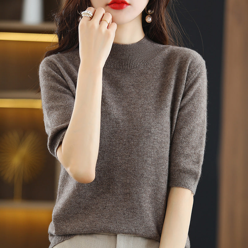 Women Short Sleeve Fine Knit Sweater with Half Turtleneck Chichicherry