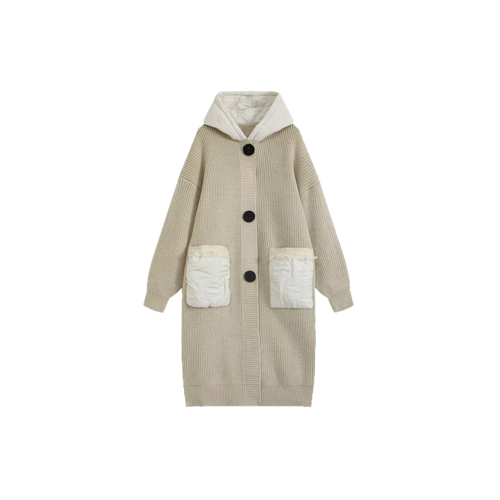 Women Long Oversized Knit Coat with Quilted Hood and Patch Quilted Pockets Chichicherry