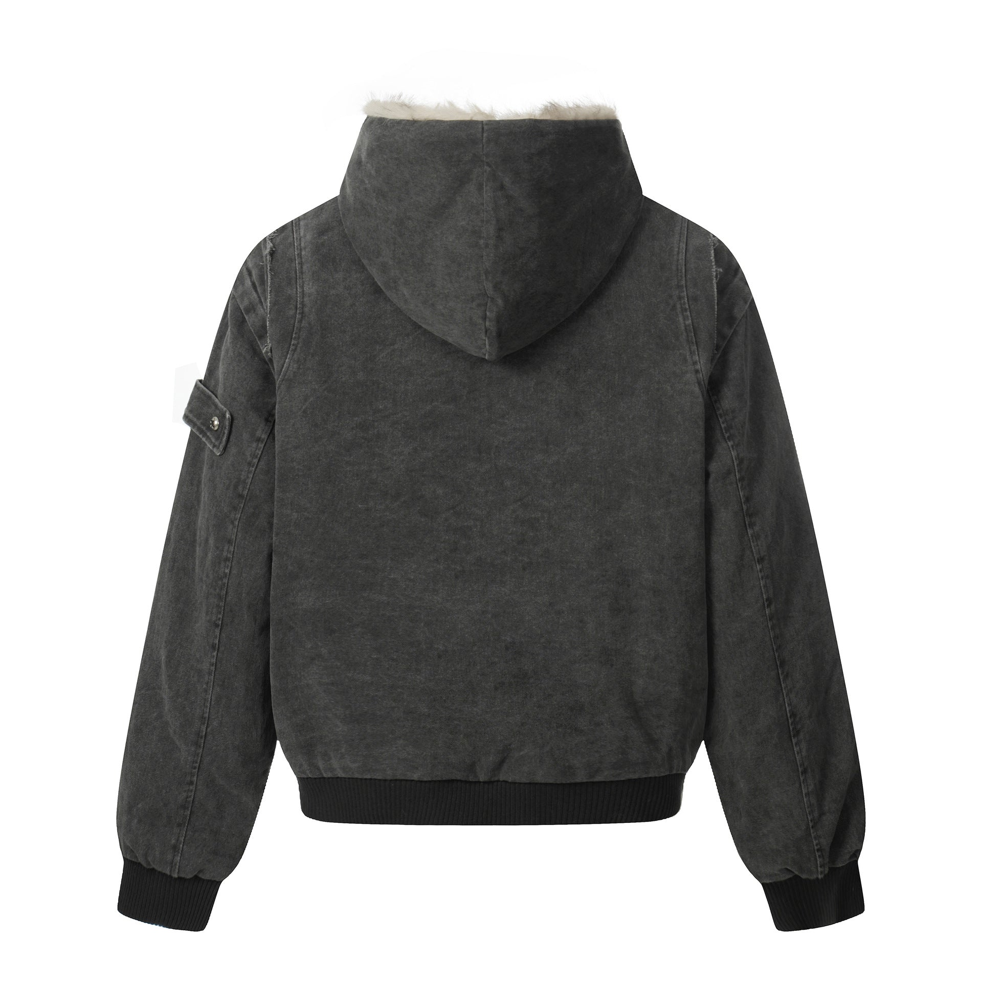 Men's Vintage-Inspired Denim Bomber Jacket with Teddy Fur Hood Chichicherry