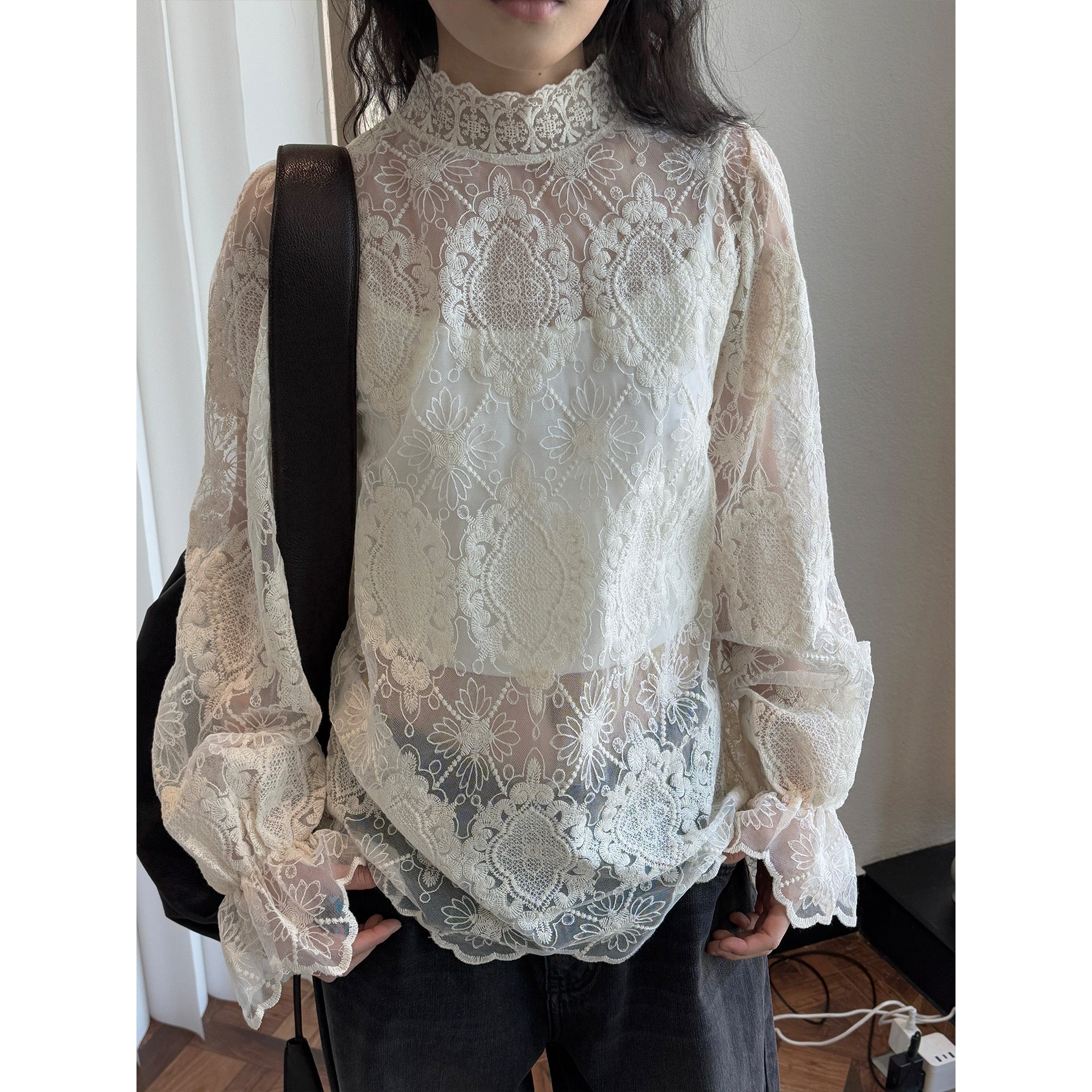 Women's Transparent Lace Blouse with Stand Collar and Balloon Sleeves Chichicherry