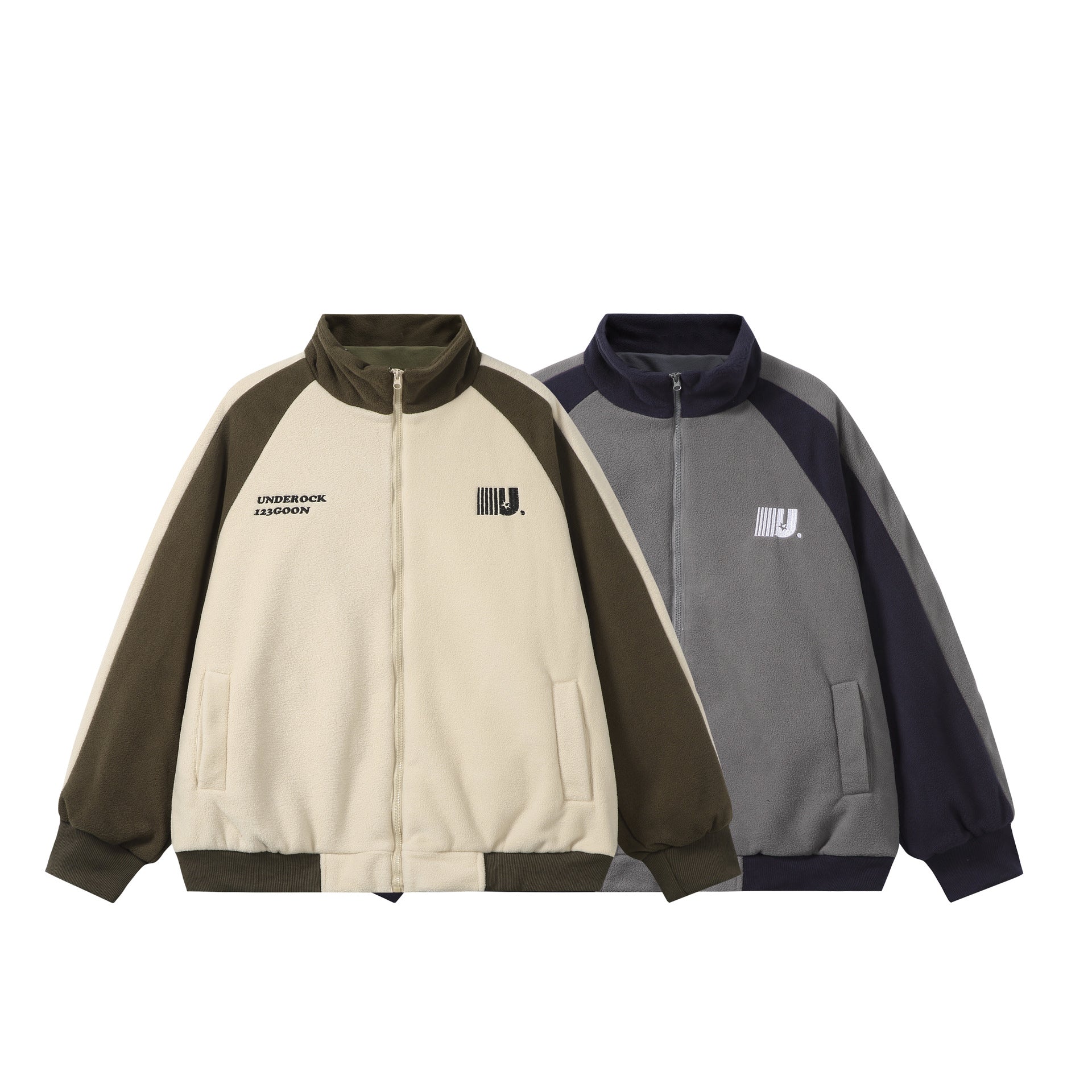 Unisex Boxy Fleece Jacket with Front Zipper, Stand Collar and Flap Pockets Chichicherry