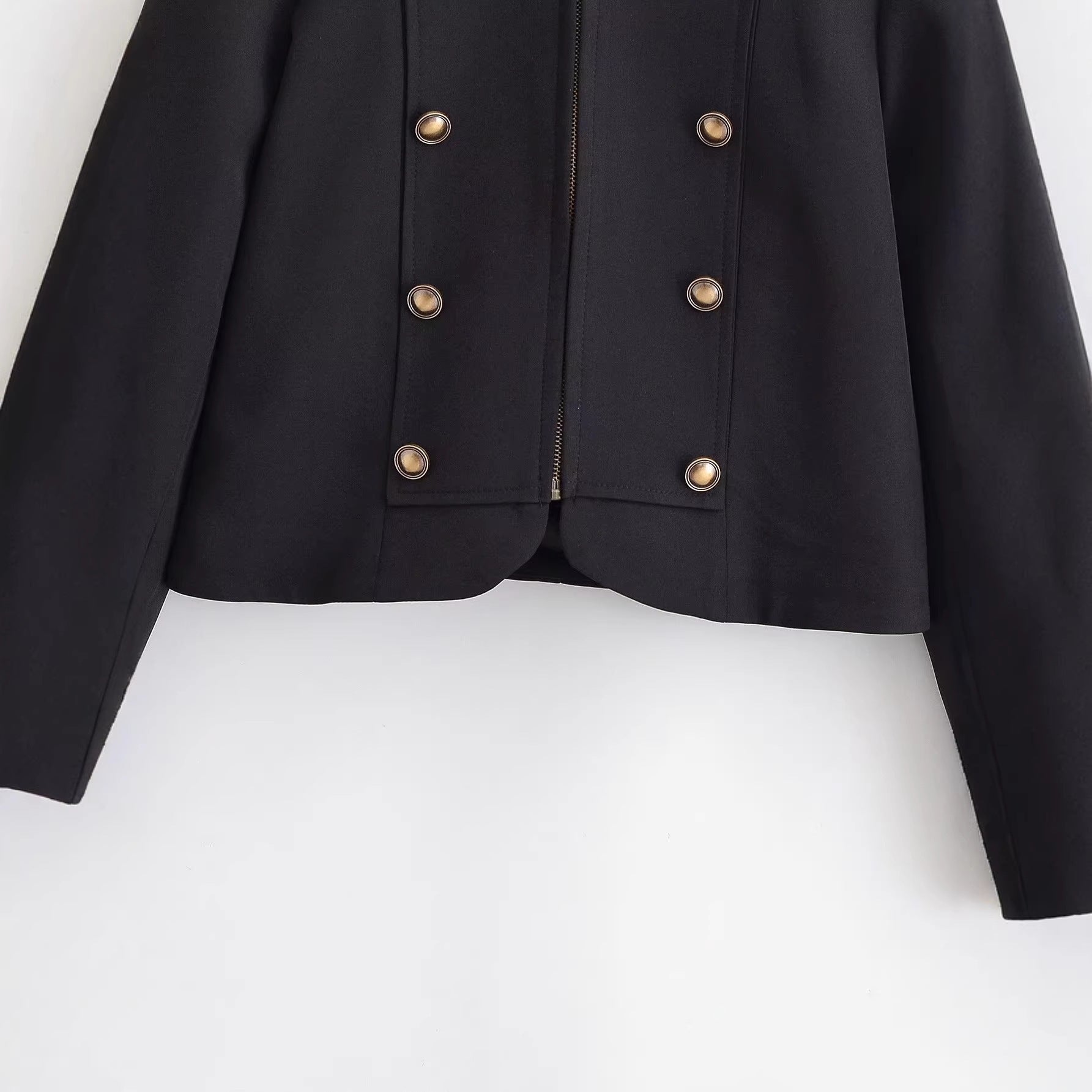 Ladies fitted short jacket in military style with decorative double-button placket, zipper, and shoulder epaulettes Chichicherry