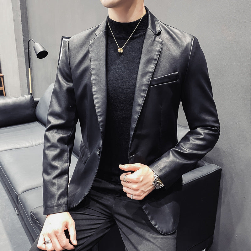 Men's Slim-Fit Leather Blazer with Tailored Silhouette and Classic Lapel Collar Chichicherry