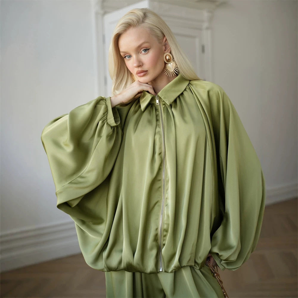 Women Elegant Satin Two-Piece Set with Oversize Blouse and Wide Palazzo Pants Chichicherry
