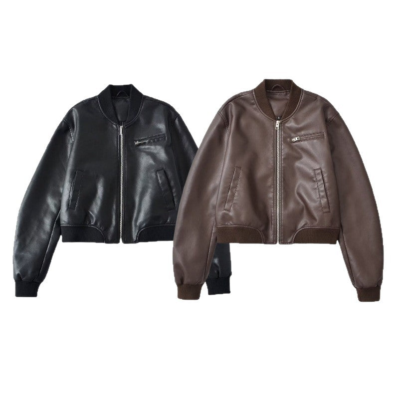 Women Short Leather Look Bomber Jacket with Ribbed Cuffs and Chest Zipper Pocket Chichicherry