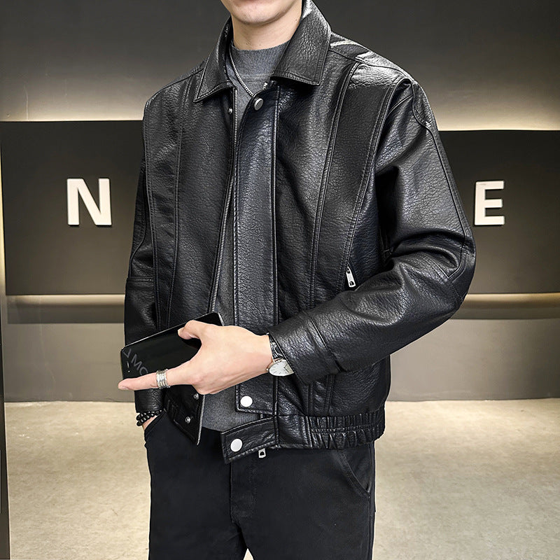 Herren Kurzer Oversized Lederimitat-Blouson mit Stehkragen, Reißverschluss und elastischem Saum Chichicherry