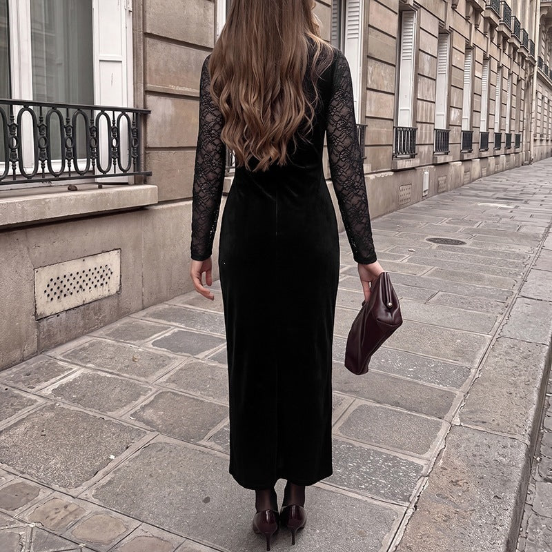 Women's evening dress with transparent lace sleeves, velvet skirt, and illusion heart neckline Chichicherry