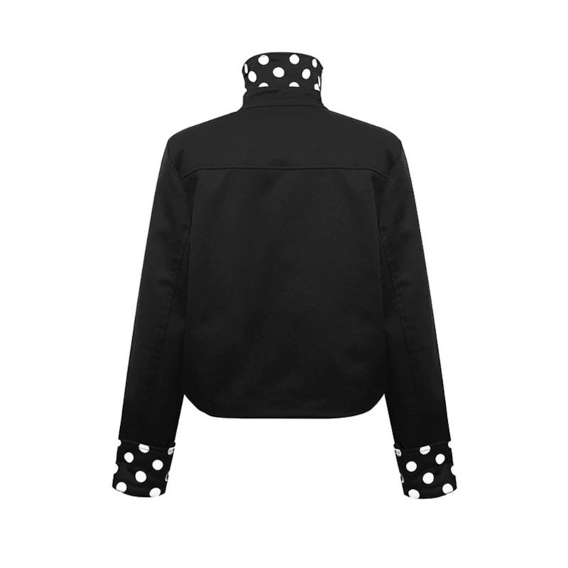 Women Short Double-Breasted Jacket with Stand-Up Collar and Polka-Dot Lining Chichicherry