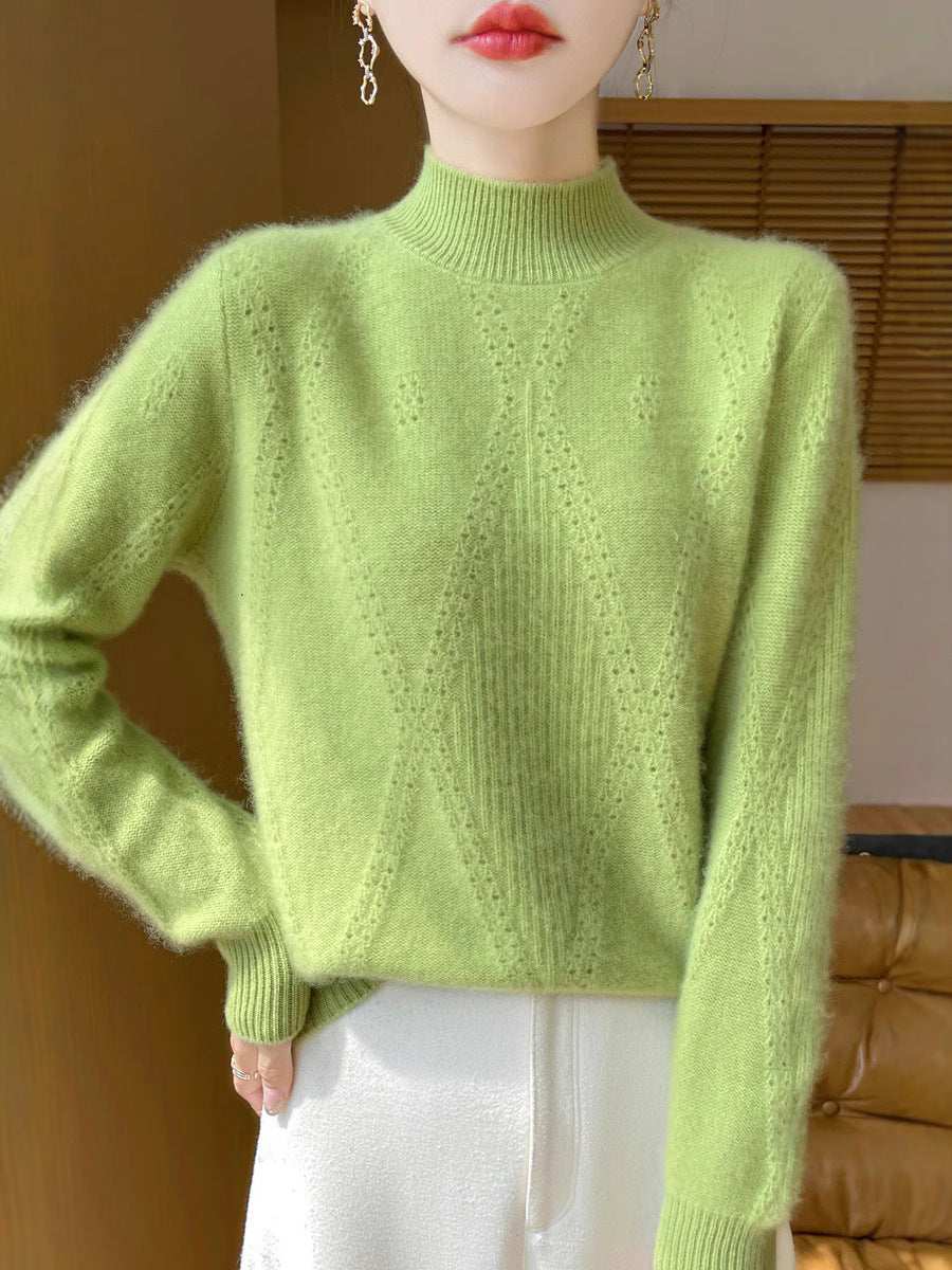 Women's Light Mockneck Fine Knit Sweater with Eyelet Chevron and Cashmere Soft Finish Chichicherry