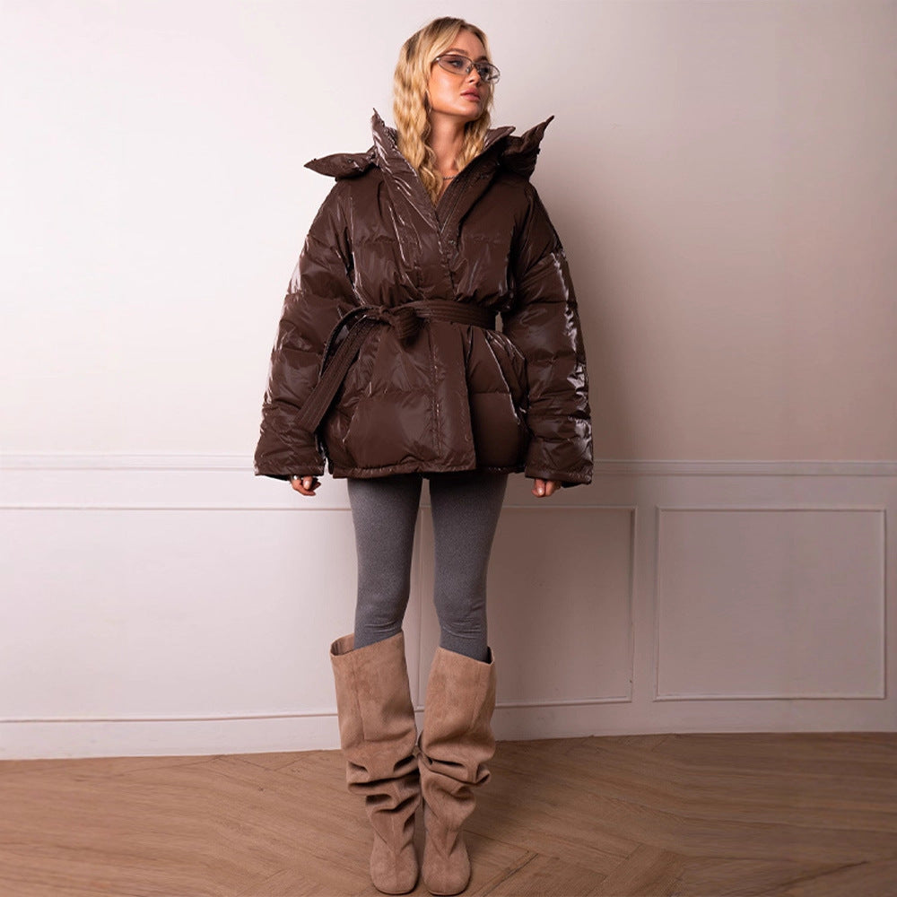 Women's padded hooded quilted jacket with waist belt Chichicherry