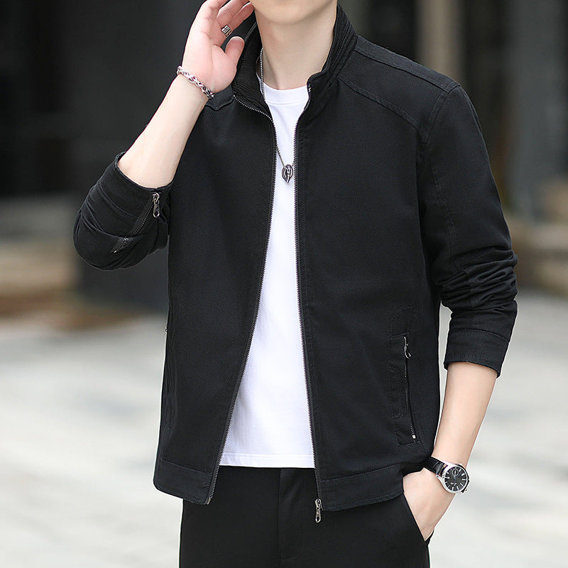 Men's Minimalistic Utility Transitional Jacket made of Cotton Canvas with Stand Collar and Zipper Pockets Chichicherry
