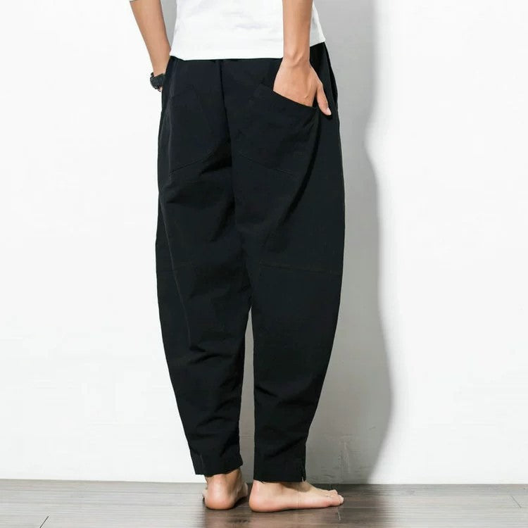 Men's loosely cut linen-cotton harem pants with drawstring and side pockets Chichicherry