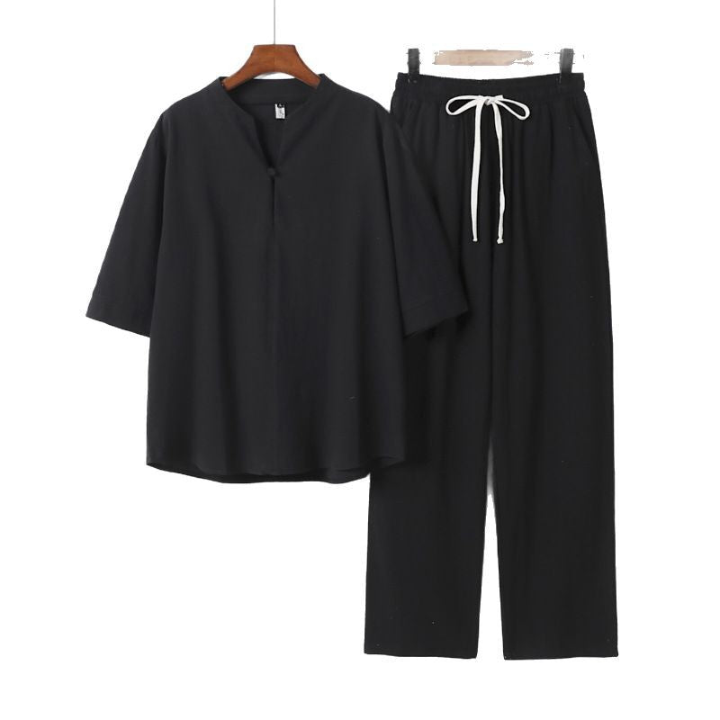 Unisex Lockeres Lounge Set with Stand Collar Half Sleeve Shirt and Elastic Waist Pants Chichicherry