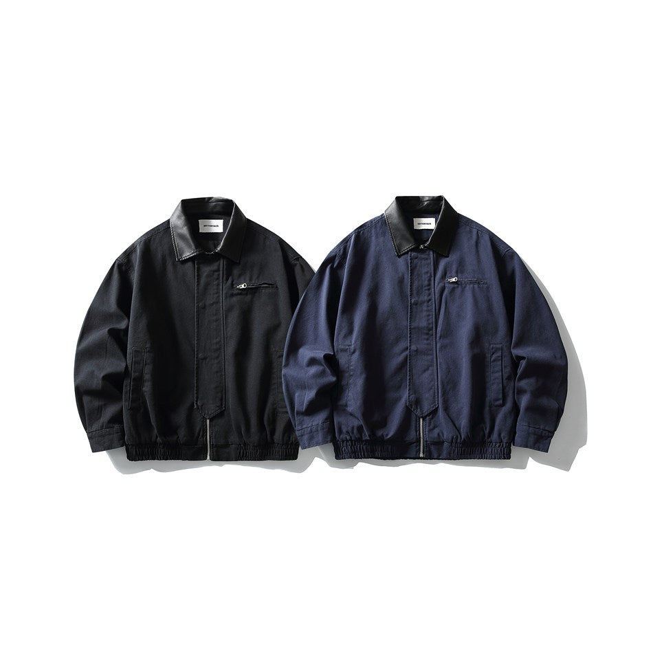 Men's Boxy Canvas Blouson with contrasting faux leather collar and elastic hem Chichicherry