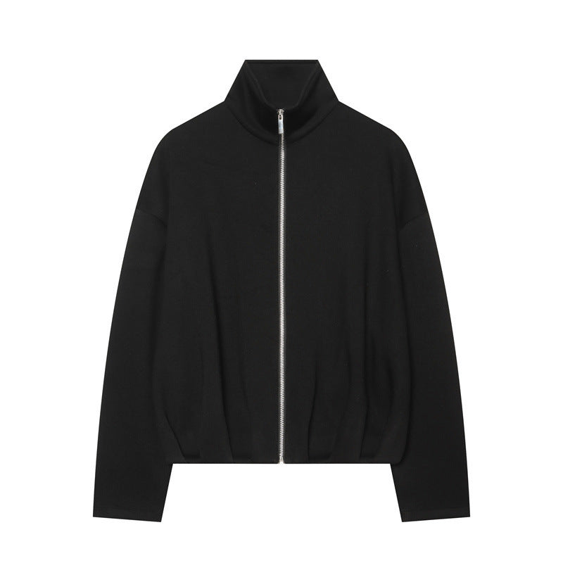 Women Boxy Cropped Stand Collar Cardigan with Full Zip and Dropped Shoulder Chichicherry