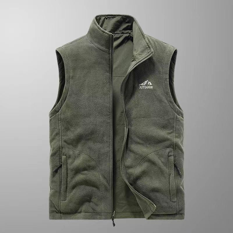 Men's robust canvas utility vest with multifunctional outer pockets and high stand-up collar Chichicherry
