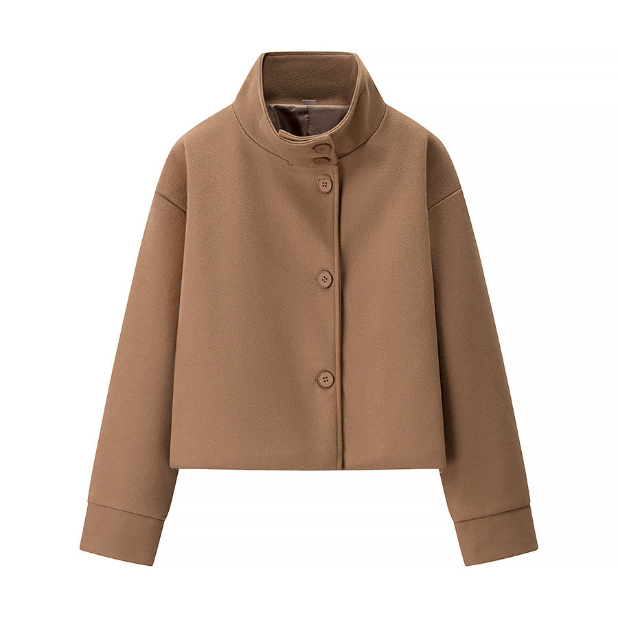 Women's Short Jacket Boxy Wool Blend with Stand-Up Collar, Oversized Sleeves and Button Placket Chichicherry