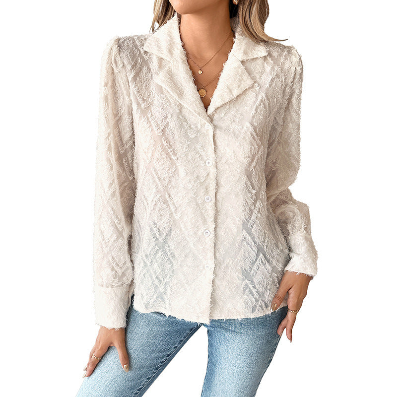 Women's Transparent Structured Blouse with Fringe Look, Shirt Collar and Full Button Placket Chichicherry