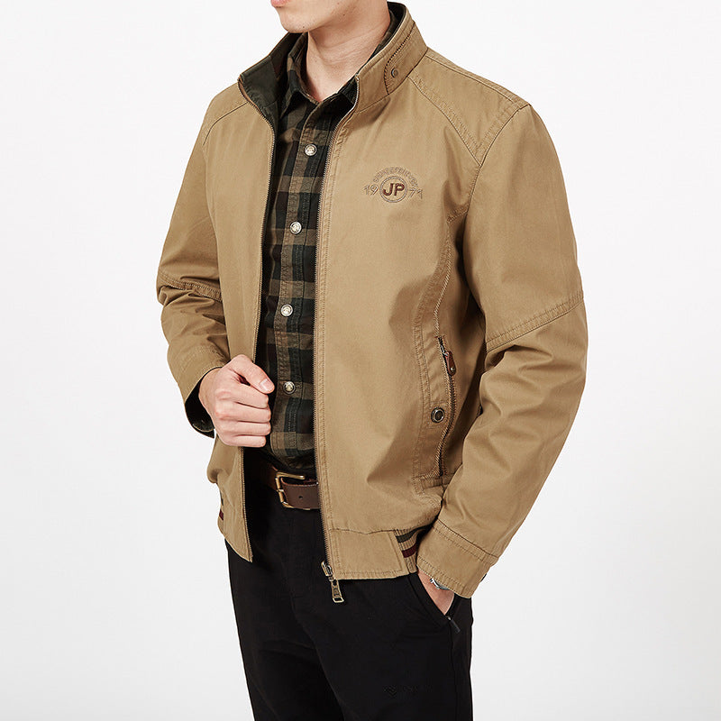 Men's transitional field jacket made of waxed canvas with stand-up collar and concealed zipper Chichicherry