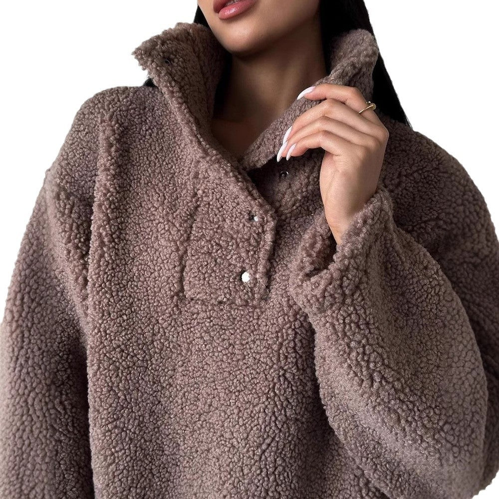 Damen Oversized Teddy-Pullover mit halber Druckknopfleiste und Stehkragen Chichicherry