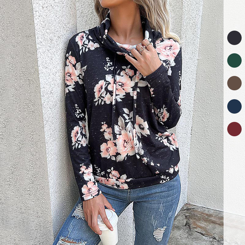 Women's Funnel Neck Sweatshirt with Floral Allover Print and Drawstring Chichicherry